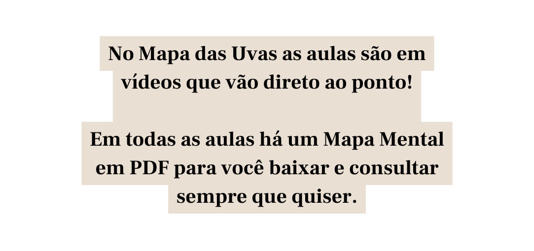 No Mapa das Uvas as aulas são em vídeos que vão direto ao ponto Em todas as aulas há um Mapa Mental em PDF para você baixar e consultar sempre que quiser