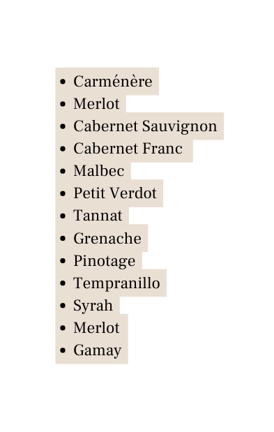 Carménère Merlot Cabernet Sauvignon Cabernet Franc Malbec Petit Verdot Tannat Grenache Pinotage Tempranillo Syrah Merlot Gamay